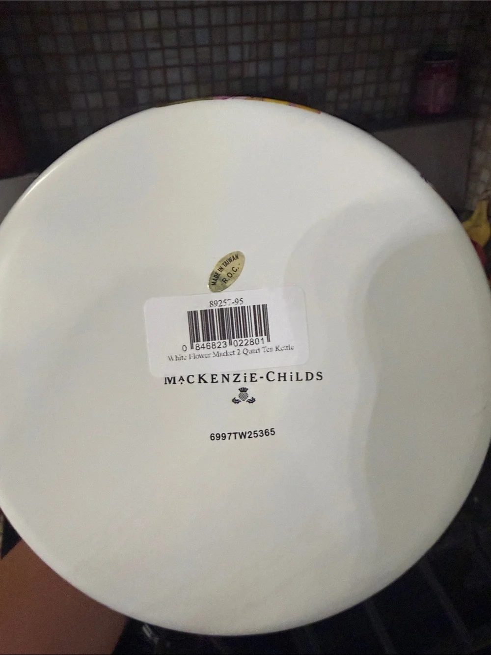 McKenzie Childs Floral Enamel Tea Kettle - White with Multicolor Flowers